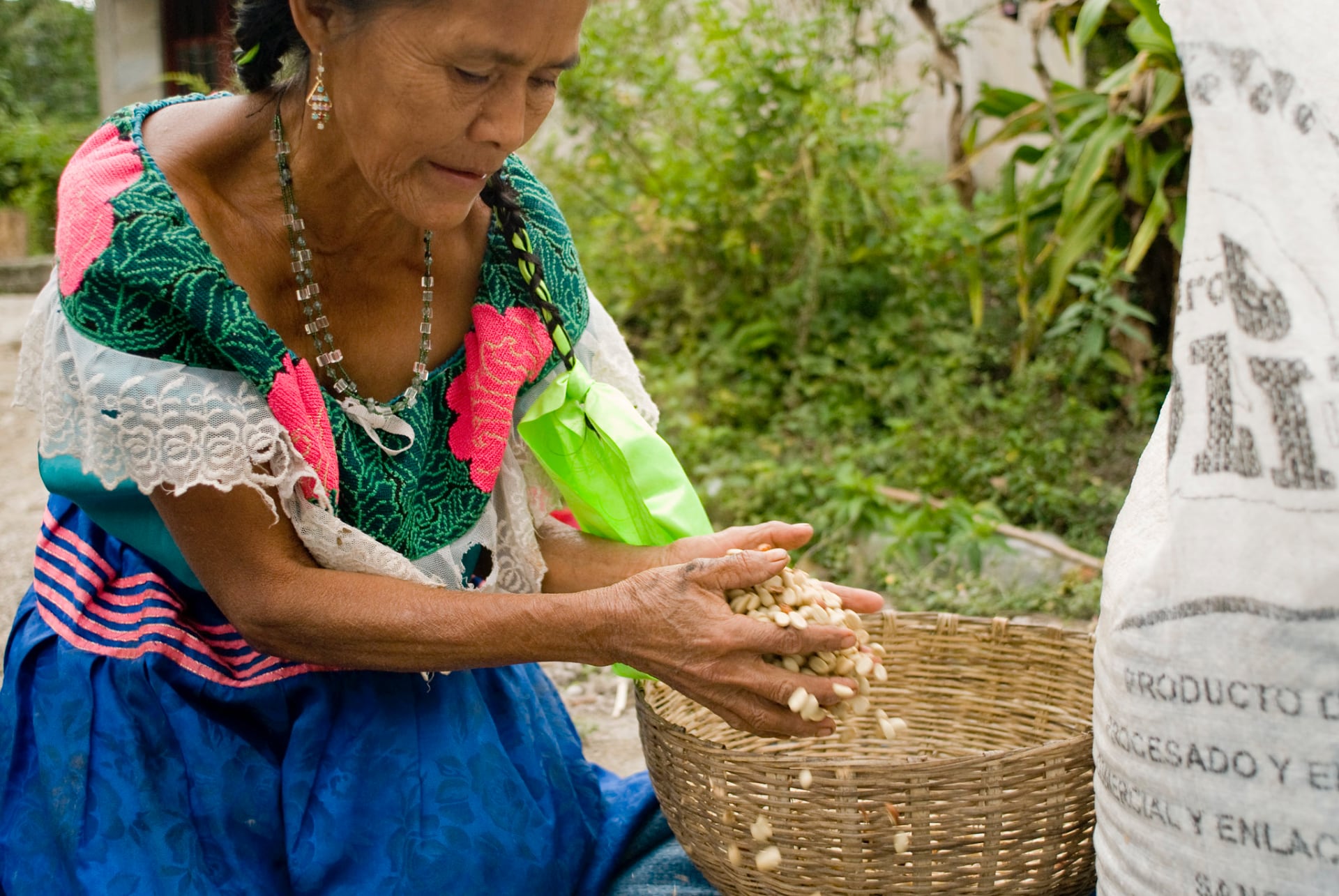 Mexican woman working with beans