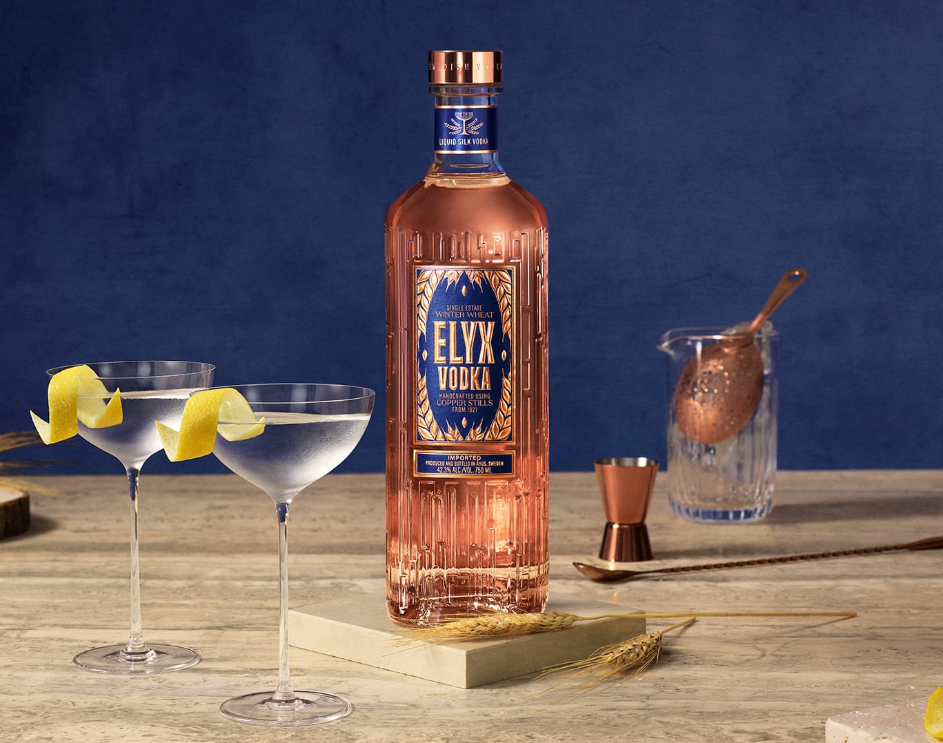 Elyx Vodka bottle and Martini drinks