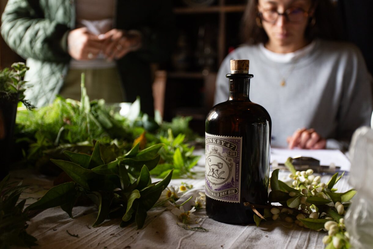 Herbs and a bottle of Monkey 47 gin